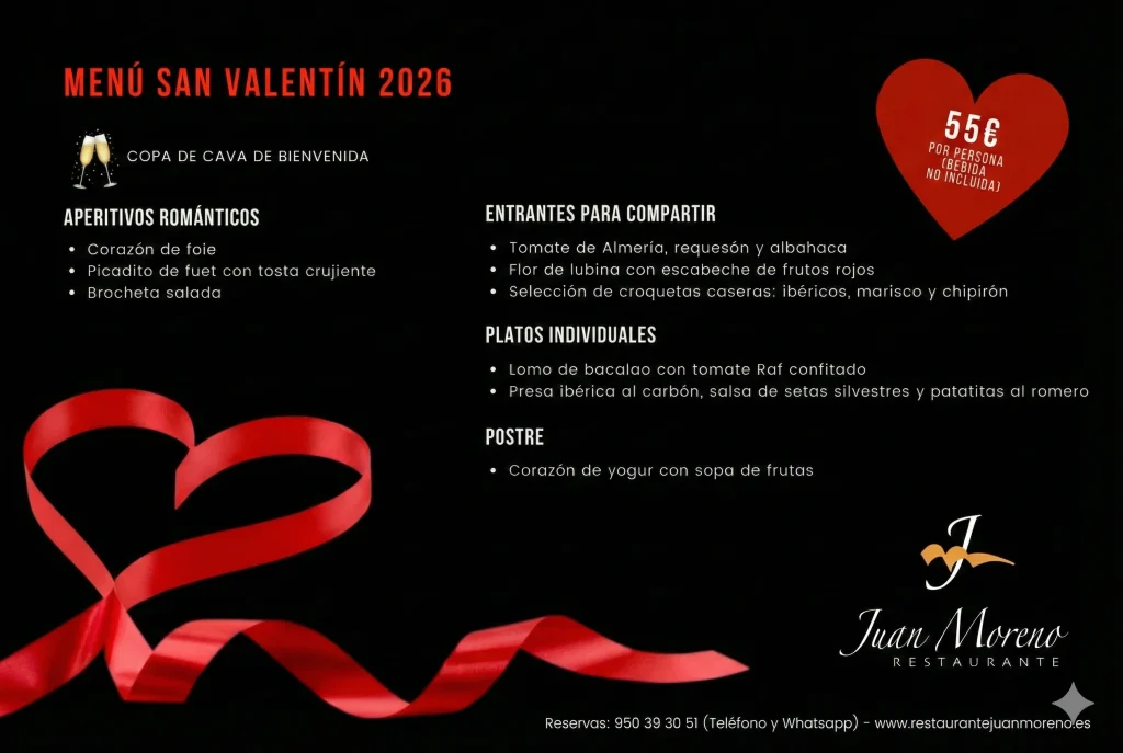 Celebra San Valentín 2026 con nuestro menú especial, en Restaurante Juan Moreno (Vera, Almería)